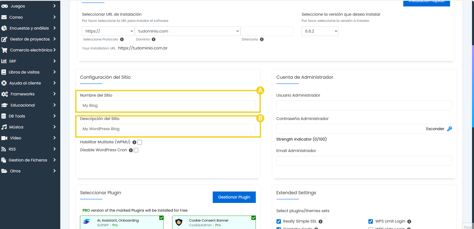 Imagen del panel de configuración de sitio en WordPress, mostrando campos para nombre y descripción del sitio, además de configuraciones de plugins y opciones de administración.
