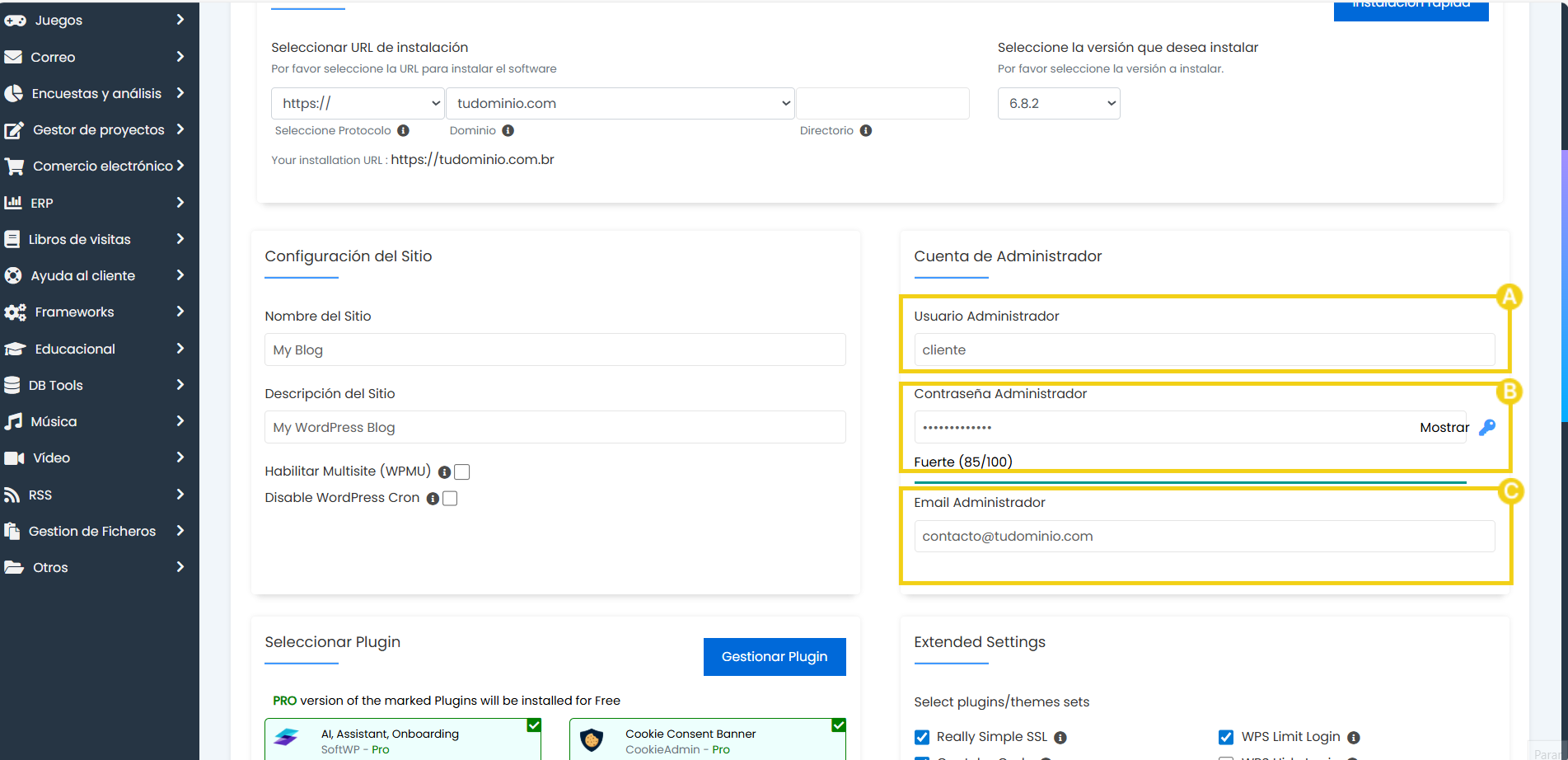 Pantalla de configuración del sitio para instalación de plugins y gestión de contenido en WordPress, con énfasis en la información de inicio de sesión del administrador.