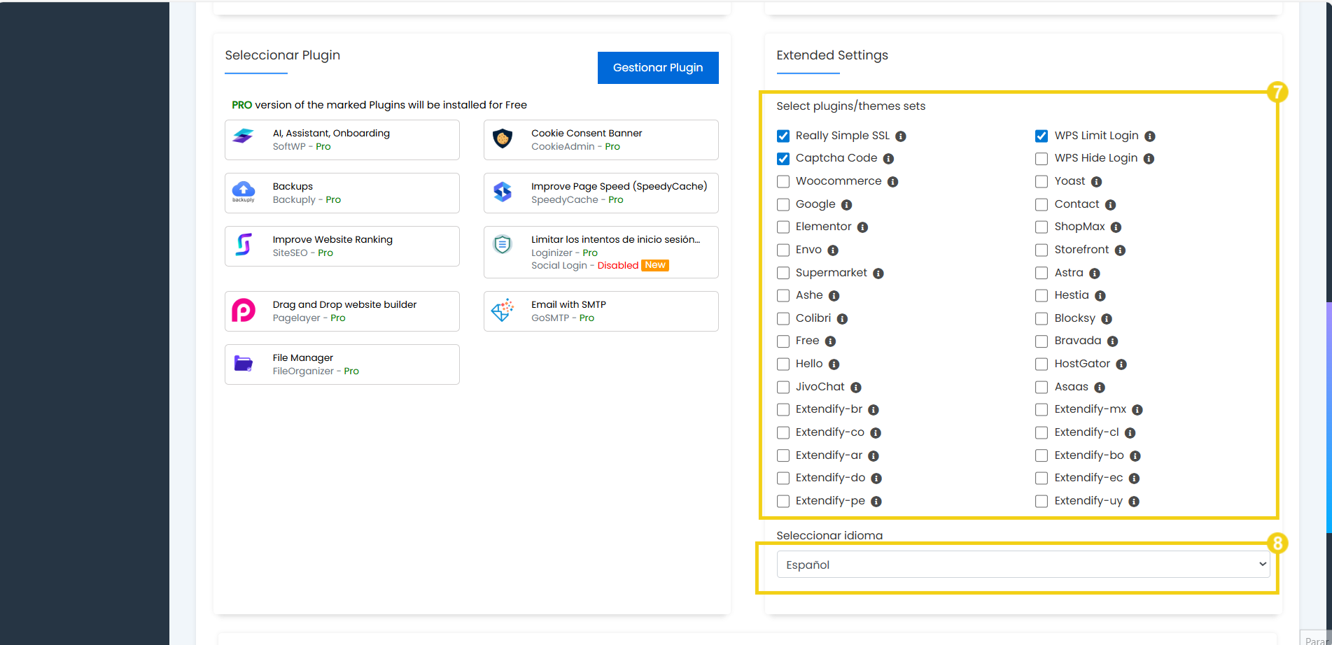 Imagen de configuración de plugins en el sistema de gestión de contenido, incluyendo opciones como ReCaptcha, WooCommerce, Yoast y Elementor, con selección de idioma en español.