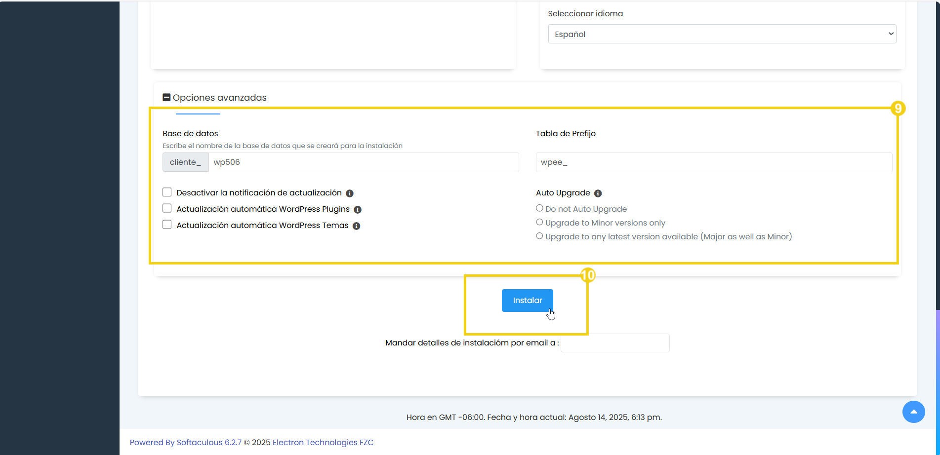 Imagen de configuración de base de datos en plataforma de instalación de sistema, destacando el área de opciones avanzadas y el botón de instalación.