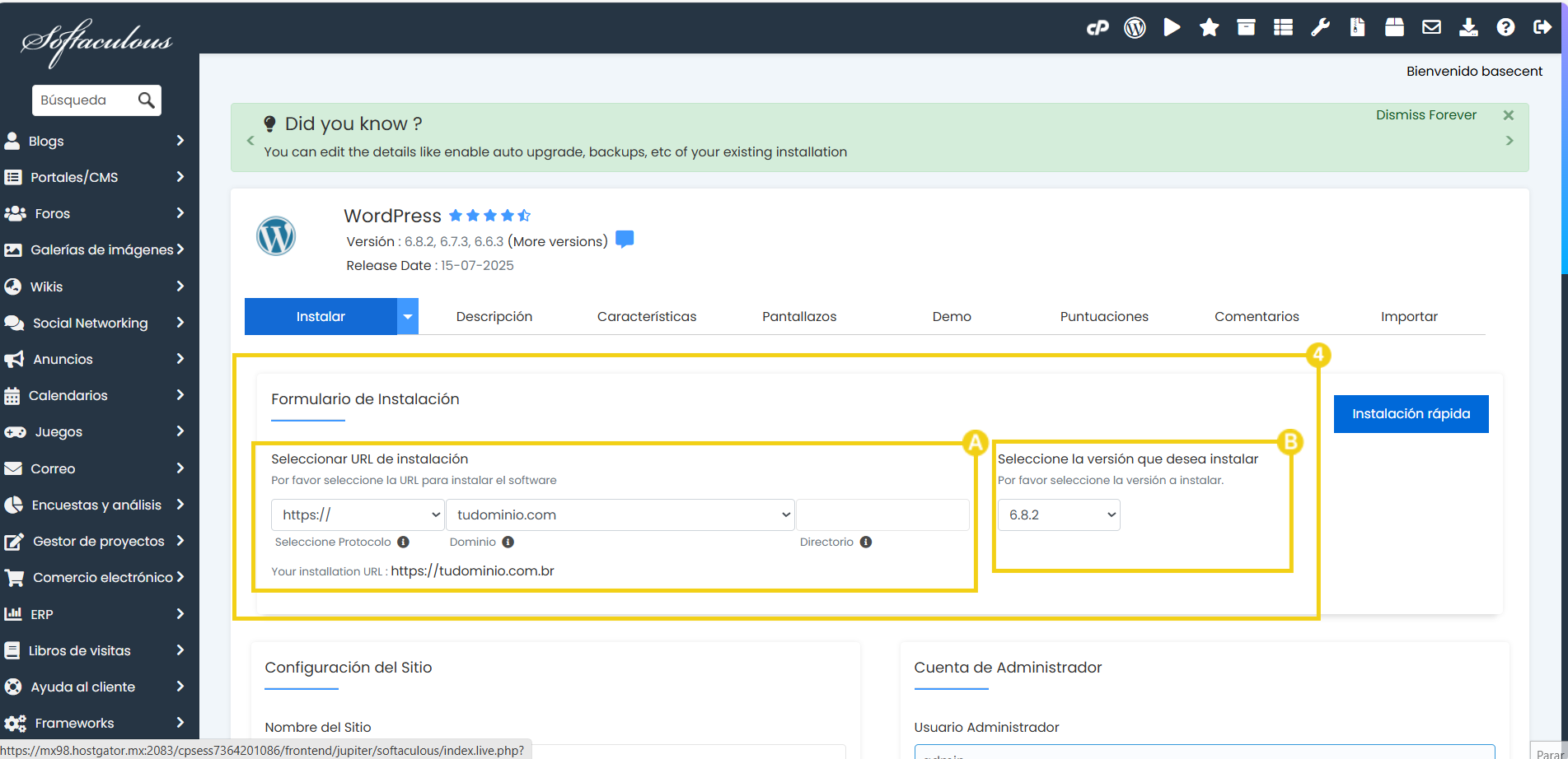 Imagen del panel de configuraciones de WordPress, mostrando opciones de instalación rápida, elección de versión y configuración del sitio