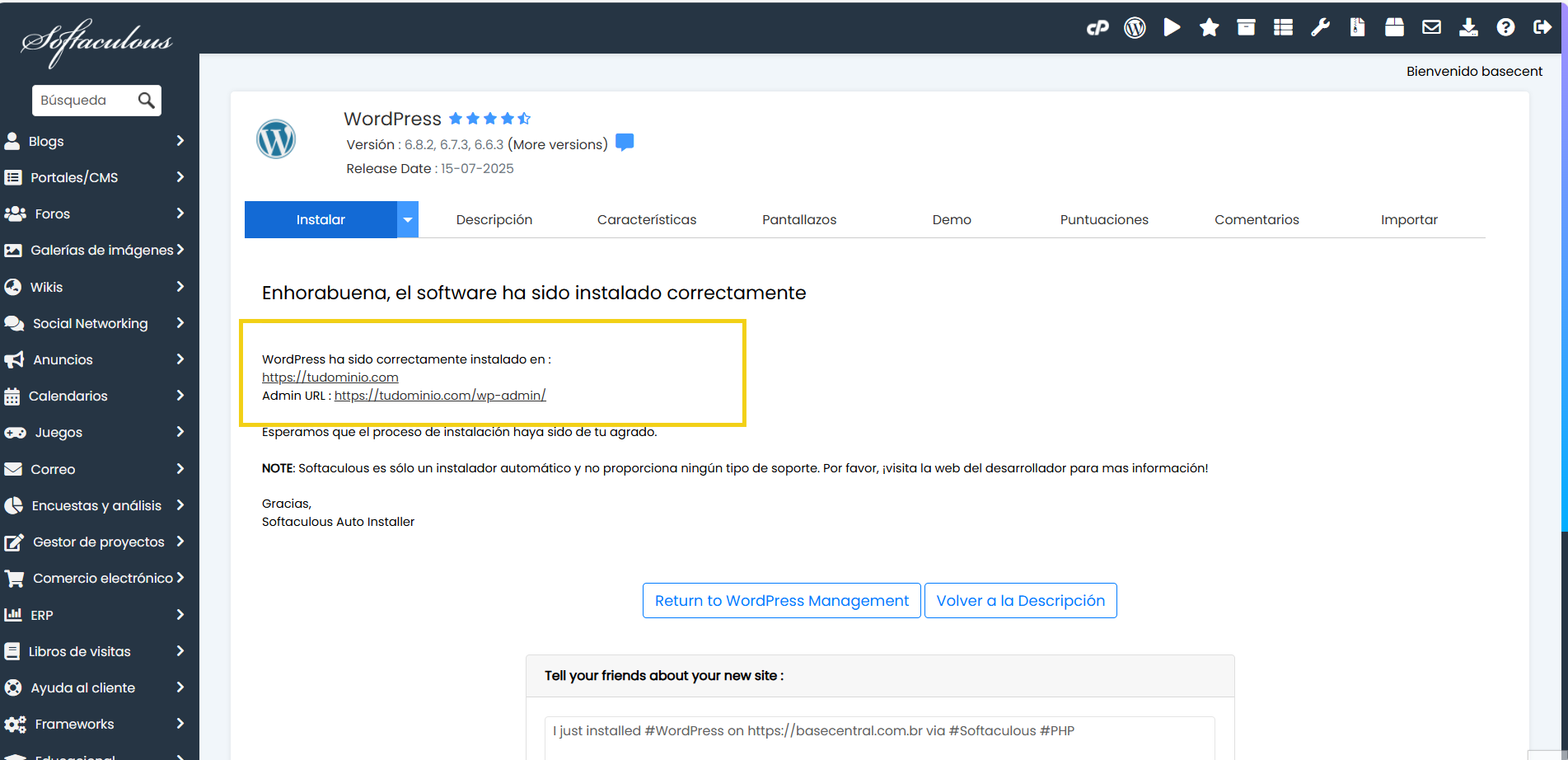 Pantalla de instalación exitosa de WordPress, mostrando mensaje de confirmación y detalles de dominio.