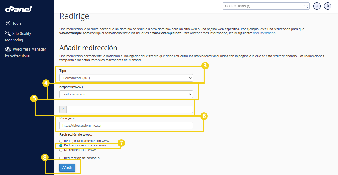 Configuración de redirección en el panel de cPanel, incluyendo opciones de tipo de redirección y dirección de destino.