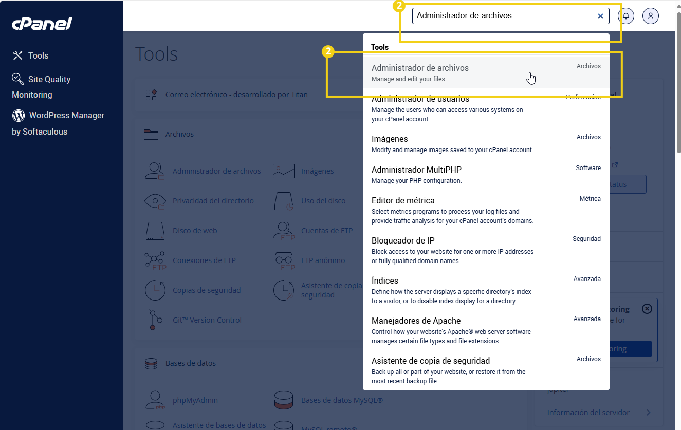 Pantalla del Administrador de Archivos en cPanel, mostrando opciones para gestionar y editar archivos del sitio. Ideal para usuarios de hospedaje.