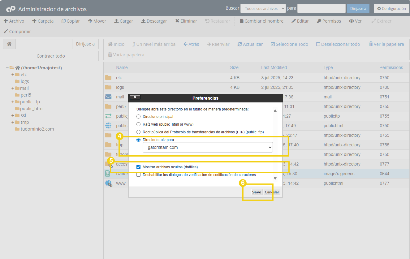 Documento de parámetros de gestión de archivos en servidor Linux, mostrando en preferencias las configuraciones de raíz del documento, mostrar archivos ocultos y guardado.