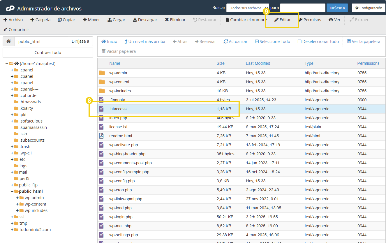Imagen de una pantalla de gestión de archivos con destaque para el archivo .htaccess en el servidor, esencial para configuraciones de seguridad y enrutamiento a través de archivos de configuración y para la opción editar del cPanel