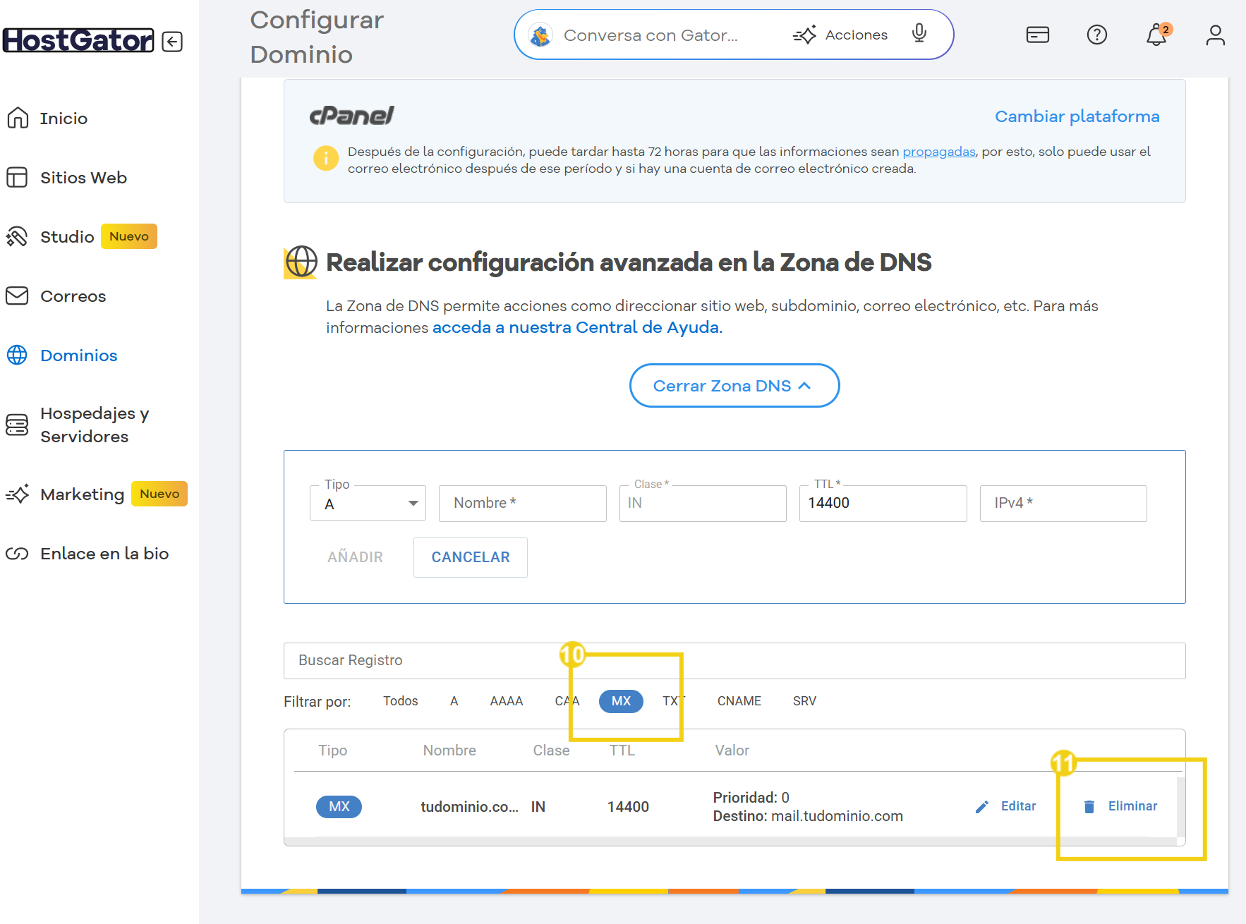 Captura de pantalla del panel de configuración DNS en HostGator, mostrando opciones para agregar y eliminar registros MX para dominio.