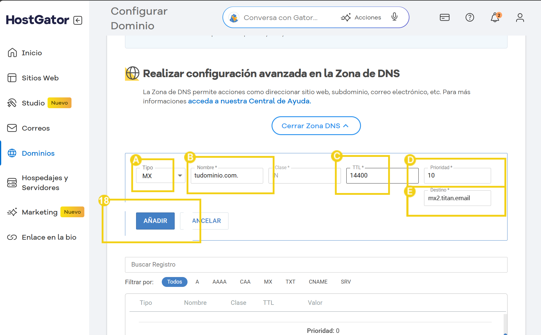 Configuración de dominio en HostGator mostrando la creación de una zona DNS para el dominio tudominio.com con detalles técnicos.