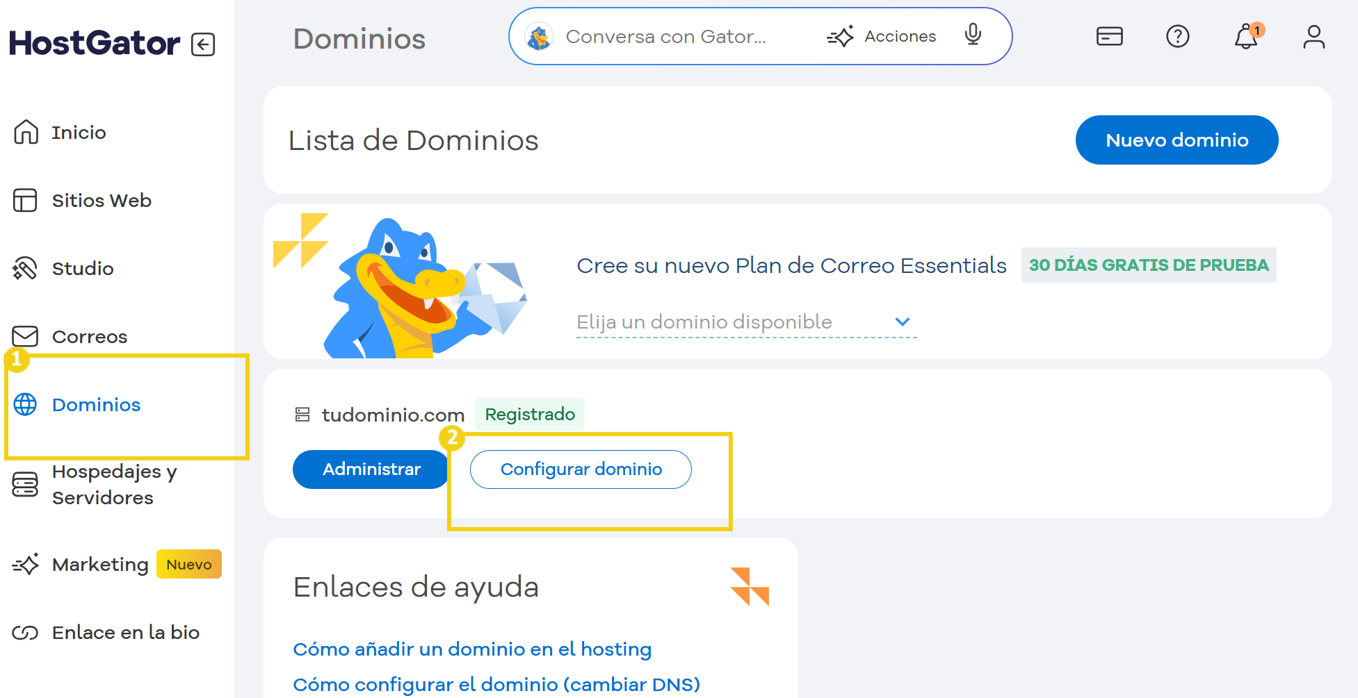 Pantalla de gestión de dominios en el panel de HostGator, mostrando opciones de configuración de dominio y lista de dominios registrados.