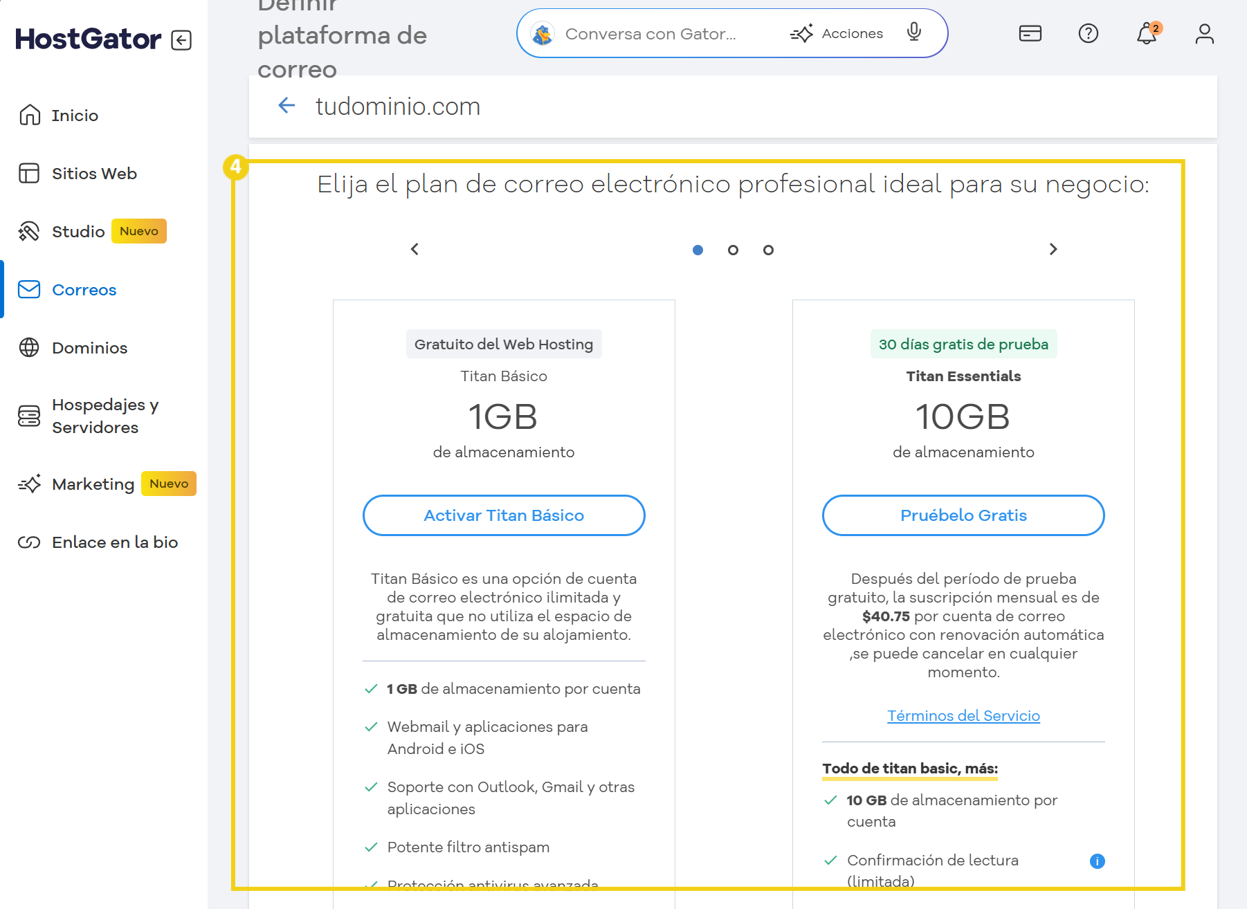 Imagem ilustrativa mostrando la eleccion del email titan