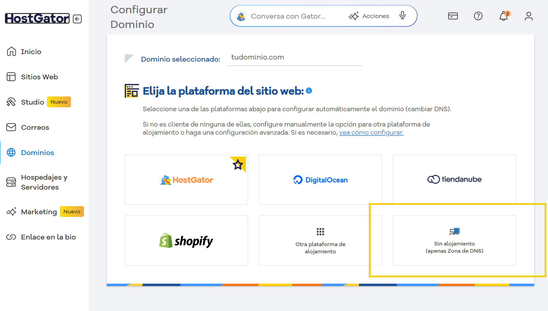 Opción de servidor de hospedaje sin hospedaje seleccionada en la plataforma de gestión de sitios. Ideal para quienes buscan alternativas de hospedaje confiables.