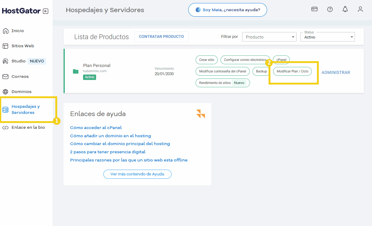 Portal del cliente en la parte de hospedajes y servidores, destacando el boton modificar plan o ciclo.png