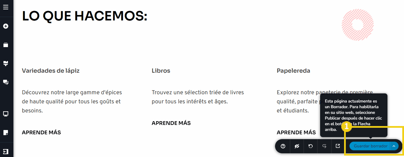 La imagen muestra la pantalla del editor del Creador de sitios con la marca en el botón "Actualizar"