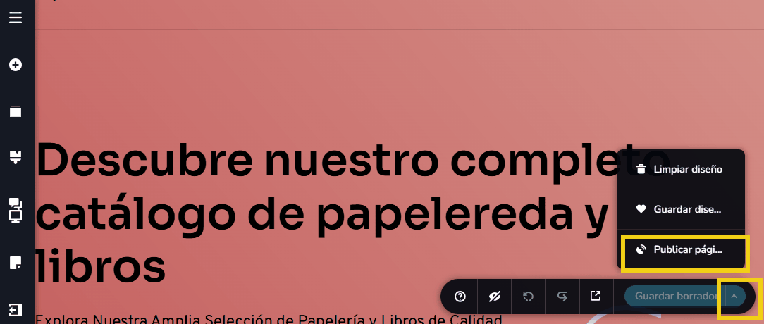 imagen del editor del creador de sitios con IA destacando en el menu inferior el boton de publicar pagina