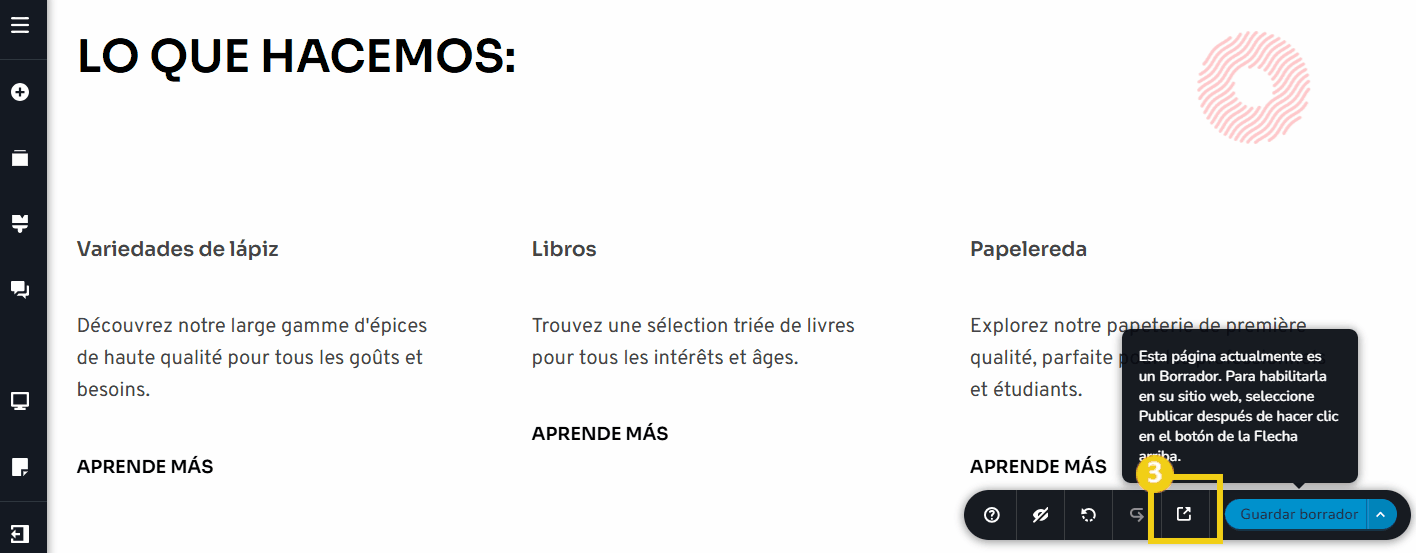 La imagen muestra la pantalla del editor del Creador de sitios con la marcación en el ícono que abre el sitio en modo previsualización