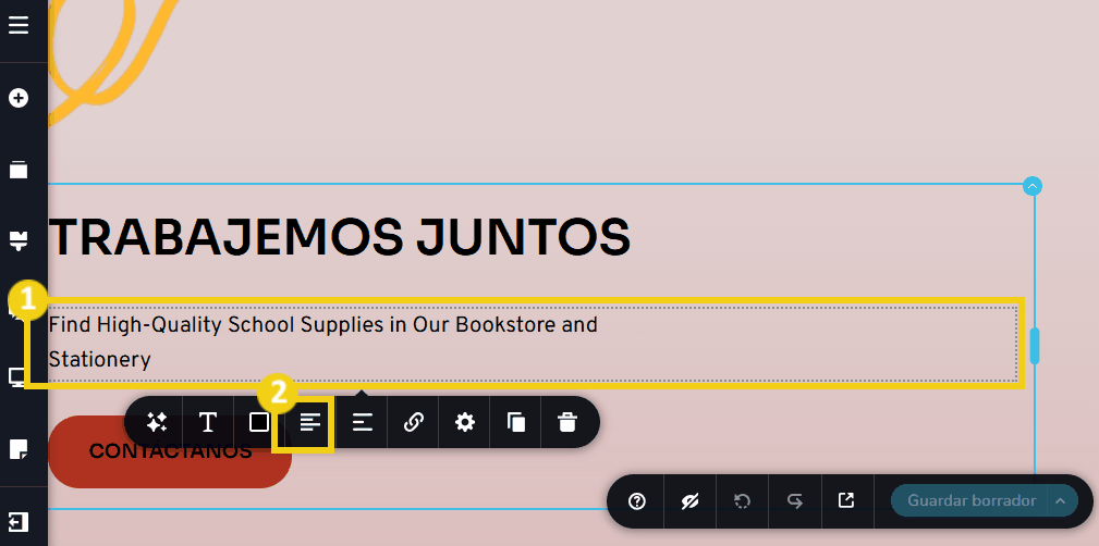 Imagen muestra el panel editor del Creador de sitios con IA, mostrando el clic en una caja de texto y luego en el ícono de alineación