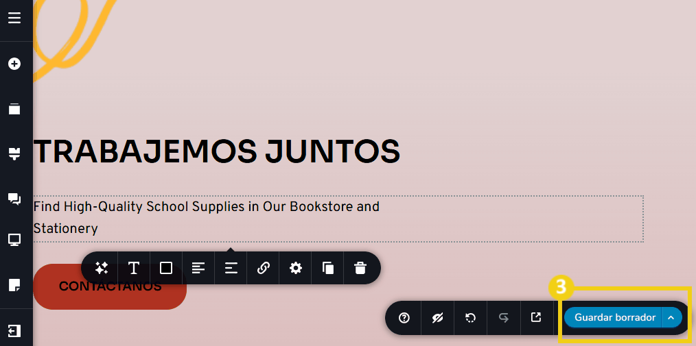 Imagen muestra el panel editor del Creador de sitios con IA, mostrando el clic en el botón "Guardar Borrador"