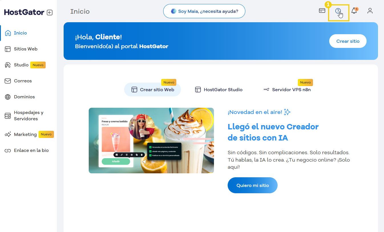 La imagen muestra el icono con signo de interrogación marcado, donde se debe hacer clic para entrar a soporte