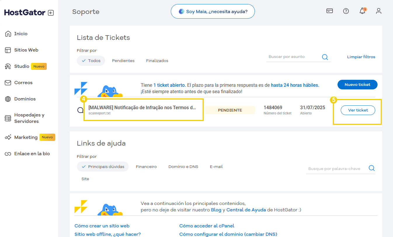 Pantalla del panel de control de HostGator mostrando opciones de atención al cliente, como iniciar una conversación o ver un ticket.