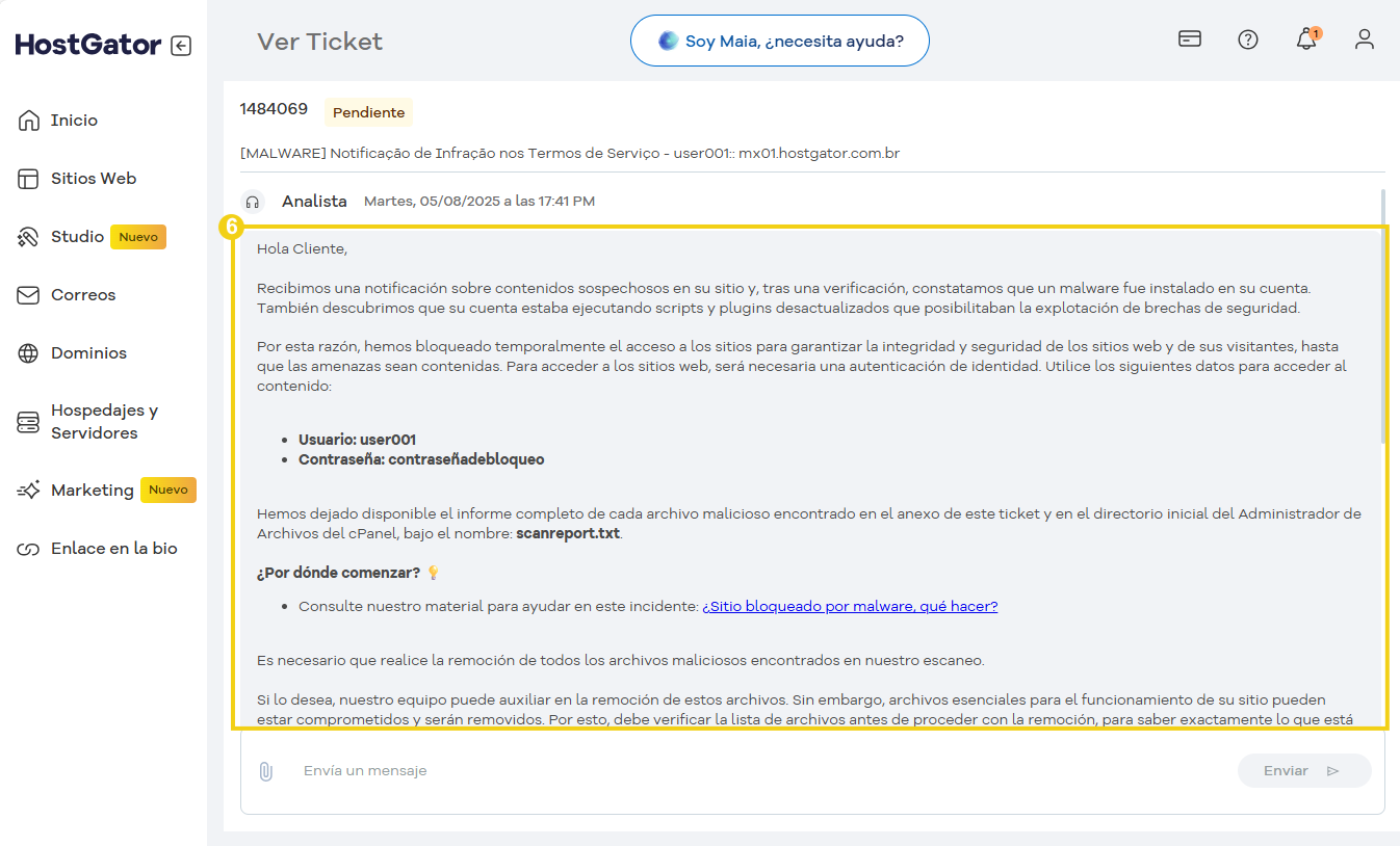 Imagen del panel de llamadas de HostGator mostrando llamadas abiertas y cerradas, con énfasis en una notificación de malware. Ideal para quienes buscan soporte técnico eficiente
