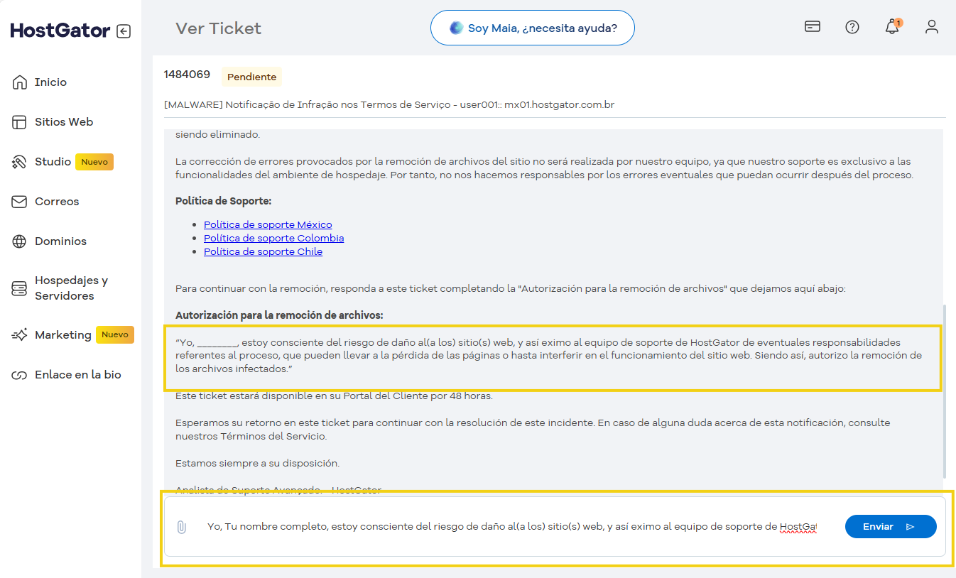 Imagen de una pantalla de notificaciones de soporte de HostGator, mostrando detalles de una solicitud de soporte técnico y un mensaje del usuario sobre riesgos de daño al sitio