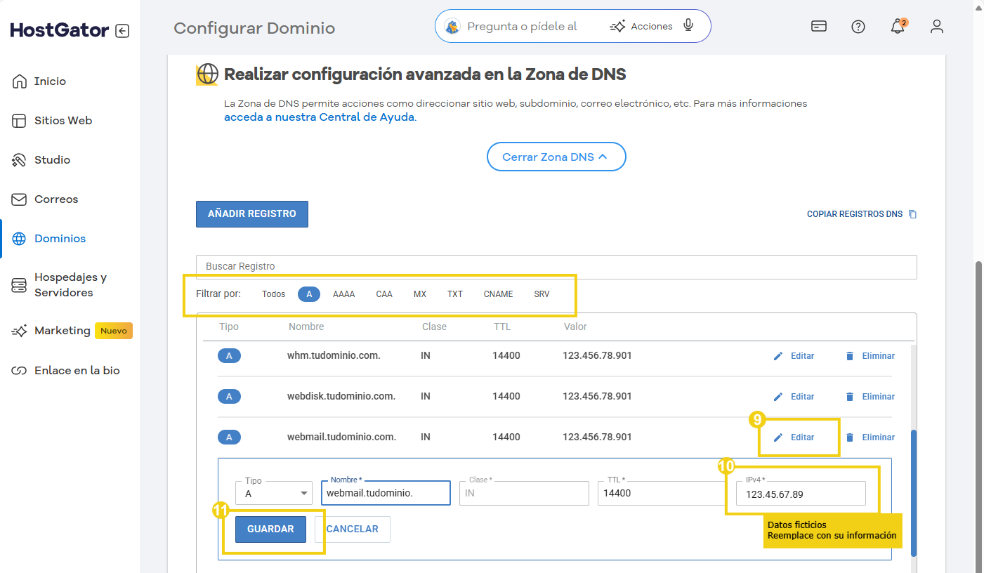 editar la zona dns en el portal del cliente