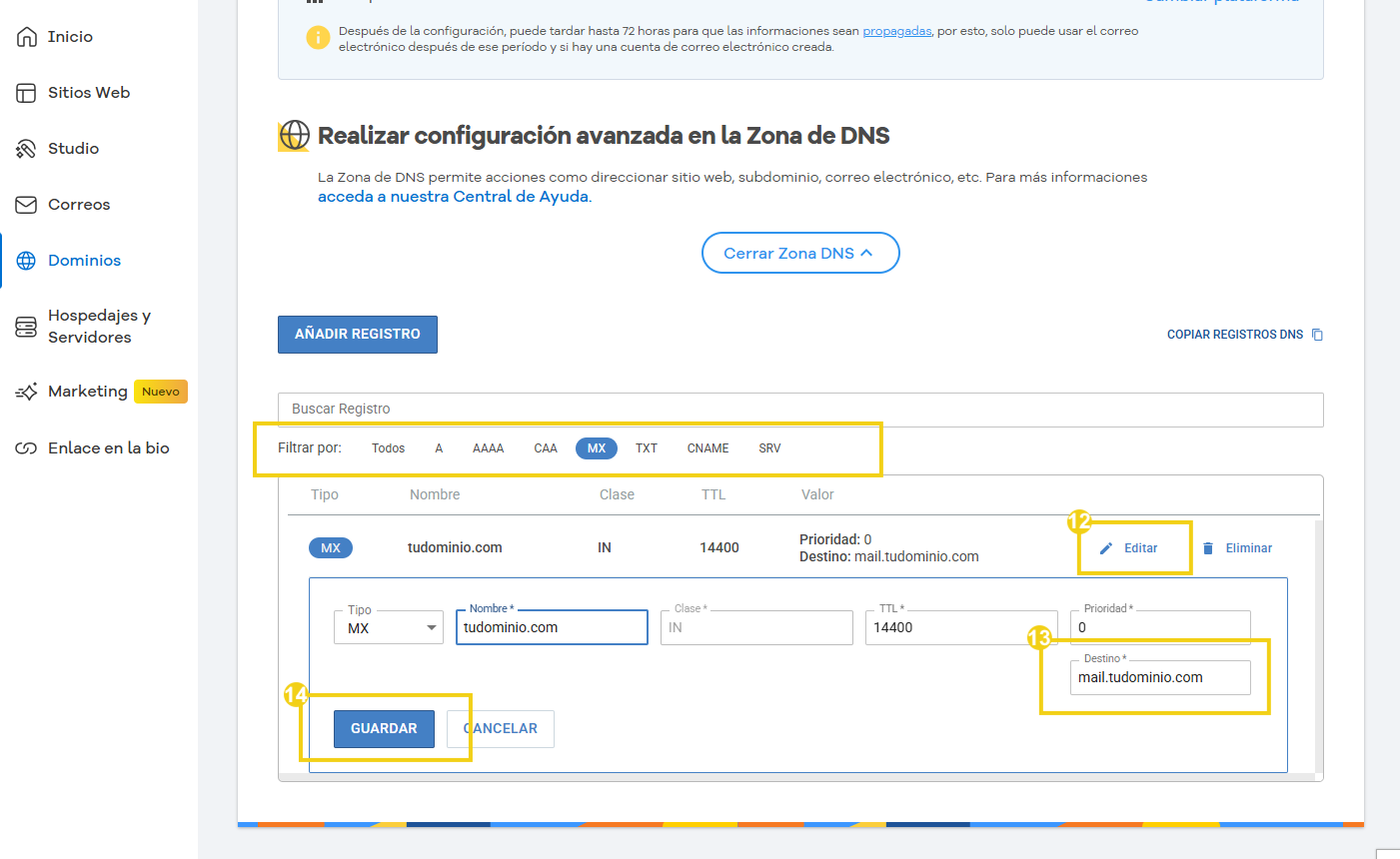editar zona de dns