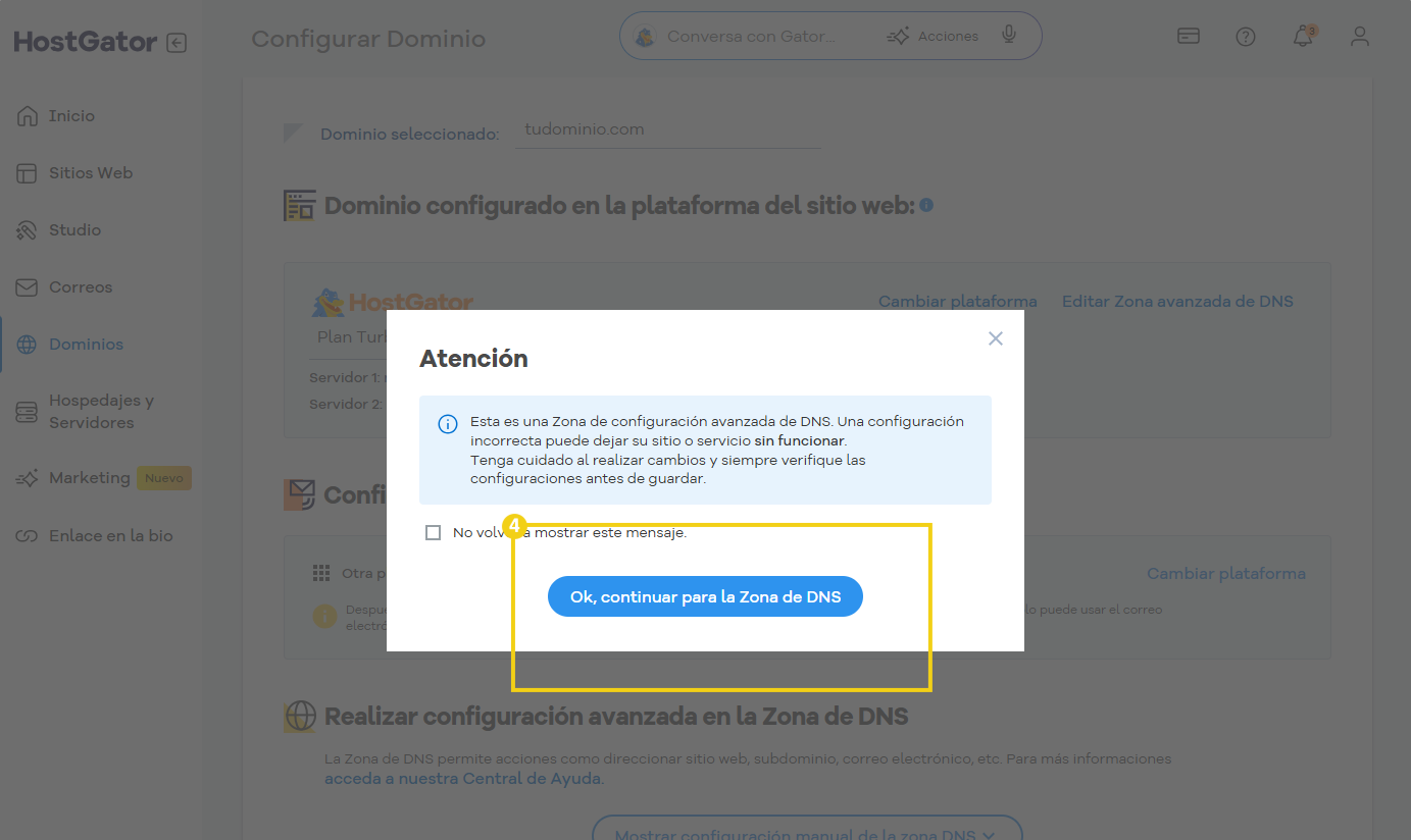 Imagen de la pantalla para clic em boton "ok, continuar para la zona de DNS"