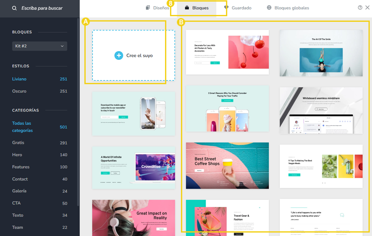 Imagen mostrando en el Creador de sitios con IA la interfaz de edición de bloques para creación de páginas web, con destaque para la pestaña 'Bloques' seleccionada y varias opciones de plantillas disponibles