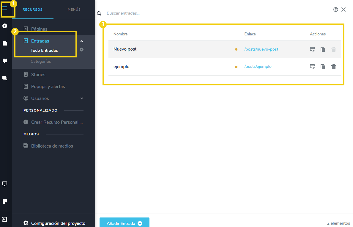 Imagen mostrando la interfaz del Creador de sitios con IA en la gestión de publicaciones, con opciones para editar, actualizar y crear contenido, destacando la sección de Publicaciones.