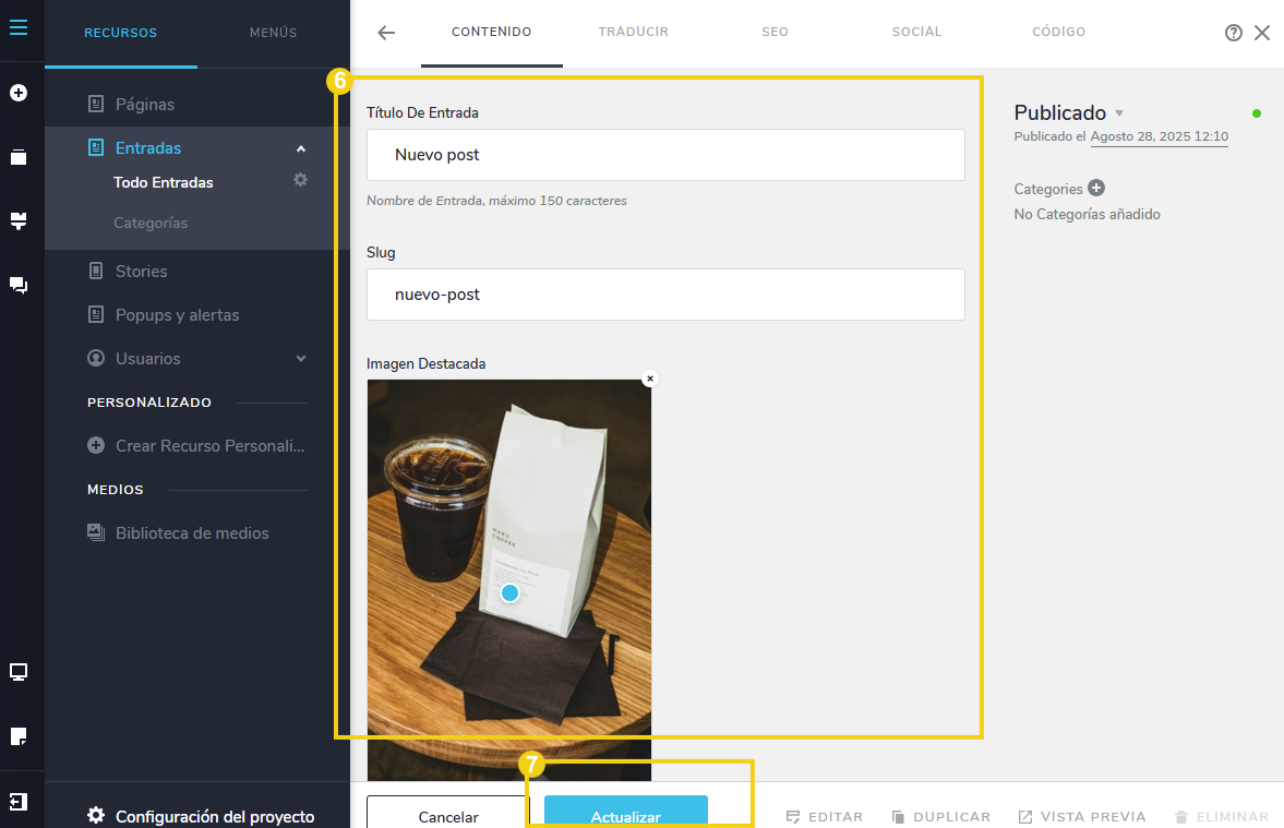 Imagen mostrando la interfaz del Creador de sitios con IA en la pantalla de gestión de Contenido, con opciones para editar título, lesma, imagen, extracto. Con destaque en el botón de actualización.
