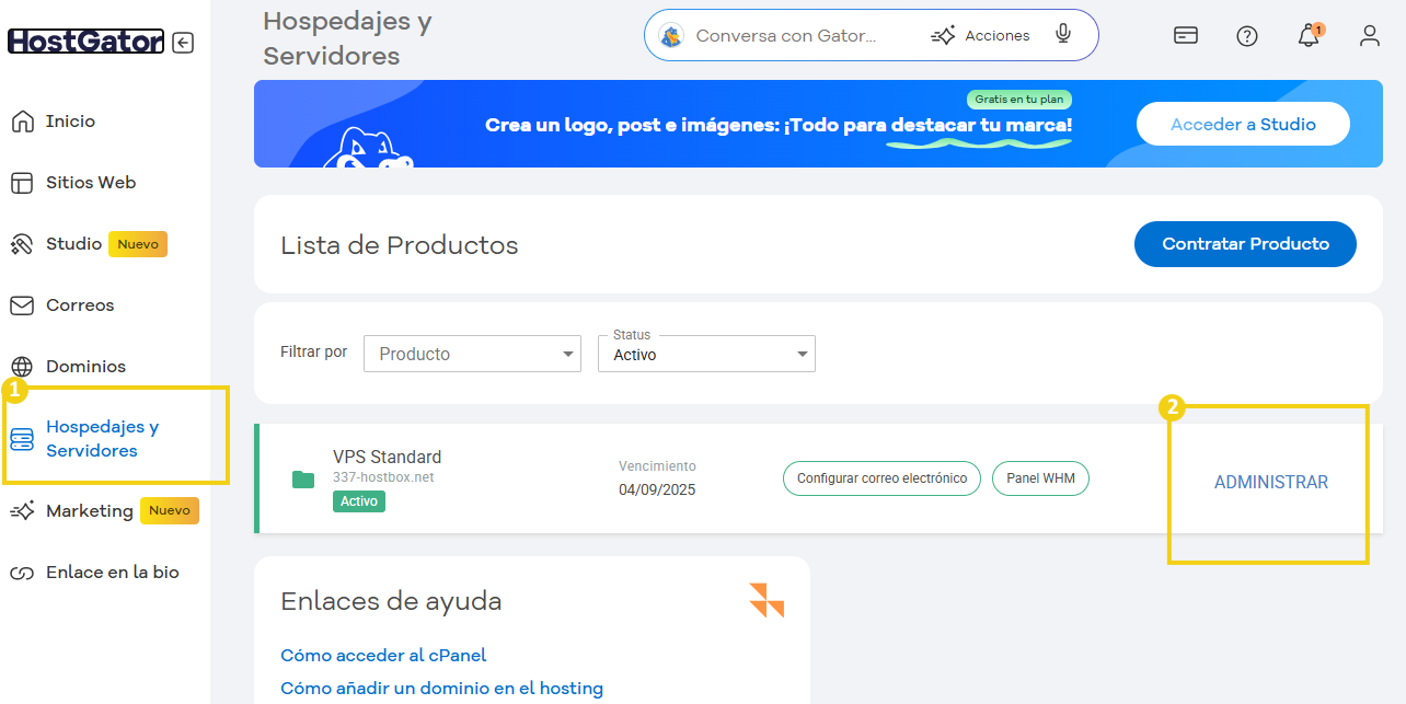 Imagen del panel de control de HostGator que muestra las opciones de alojamiento y administración del servidor, incluida la lista de productos y el botón de administración.