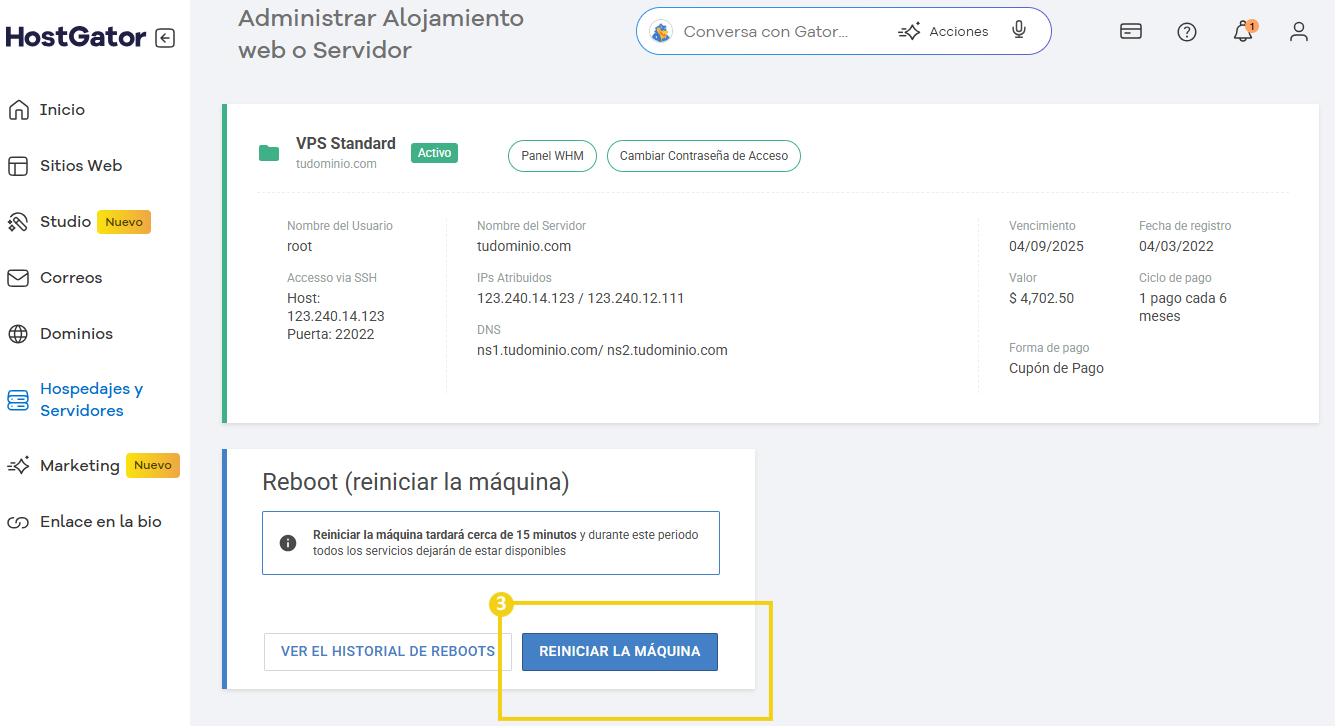 Pantalla del panel de administración de hosting de HostGator que muestra opciones para reiniciar la máquina virtual en la interfaz de hosting o servidor.