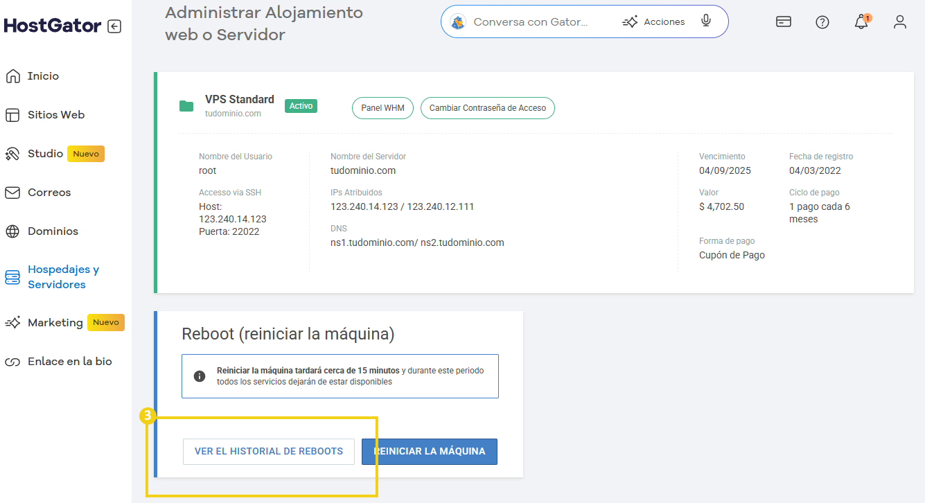 Imagen del panel de control de alojamiento VPS en HostGator, que muestra los detalles del servidor y las opciones de reinicio, resaltando el botón Ver historial de reinicio.