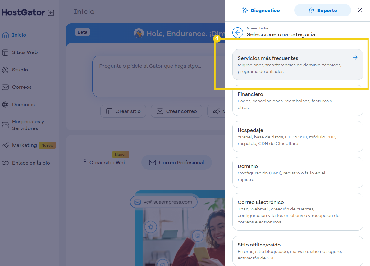  Imagen de un panel de servicio al cliente de HostGator, que resalta categorías como servicios más frecuentes, finanzas, alojamiento, dominio, correo electrónico y tiempo de inactividad del sitio web.