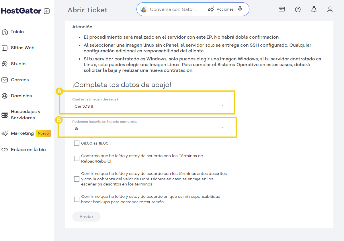 Configuración para crear una imagen Linux en cPanel, eligiendo sistema operativo Linux, horario comercial y confirmación de términos.