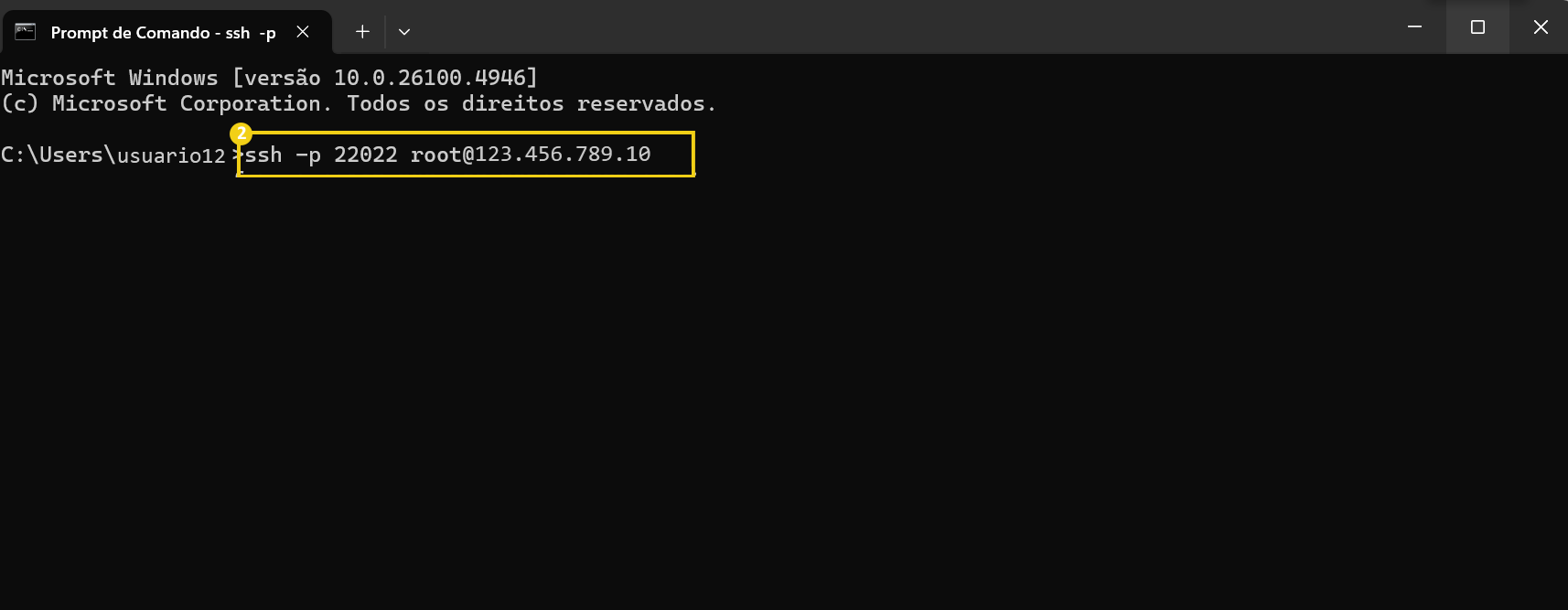 Tela de terminal do Windows mostrando comando SSH para conexão remota com IP 123.456.789.10, usando porta 22022 e usuário root.