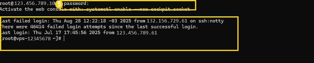 Captura de tela de um log de sistema Linux mostrando tentativa de login root com a senha marcada.