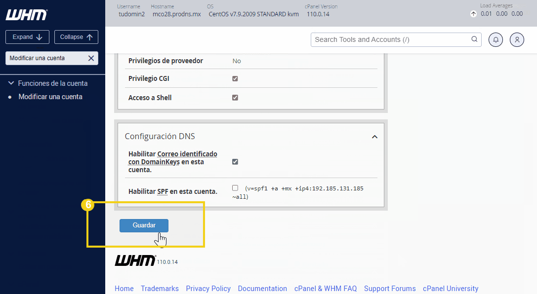 Imagen de configuraciones de gestión de cuentas de correo electrónico en WHM, incluyendo privilegios de revendedor y configuraciones de DNS