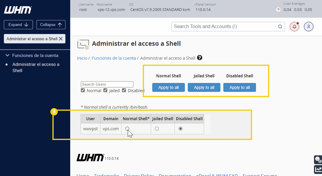 Pantalla de gestión de acceso al shell en WHM con opciones para aplicar configuraciones a usuarios, incluyendo shells normales, presos y desactivados.