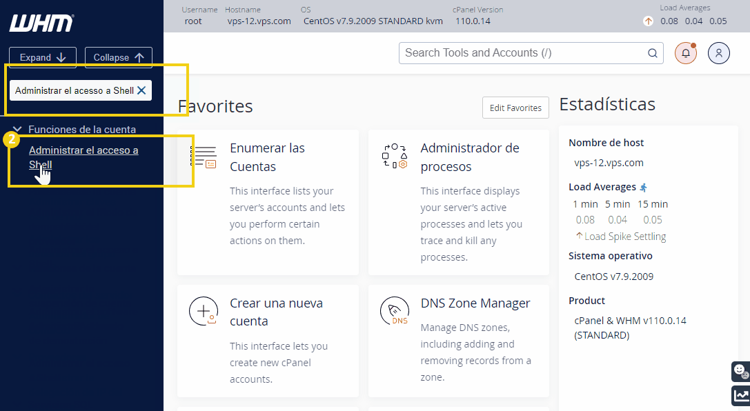 Imagen que muestra el panel de gestión de acceso al shell en WHM, destacando la búsqueda por 'gestor de acceso al shell' y las opciones de funciones de cuenta, configurar nombres de usuario y gestionar DNS.