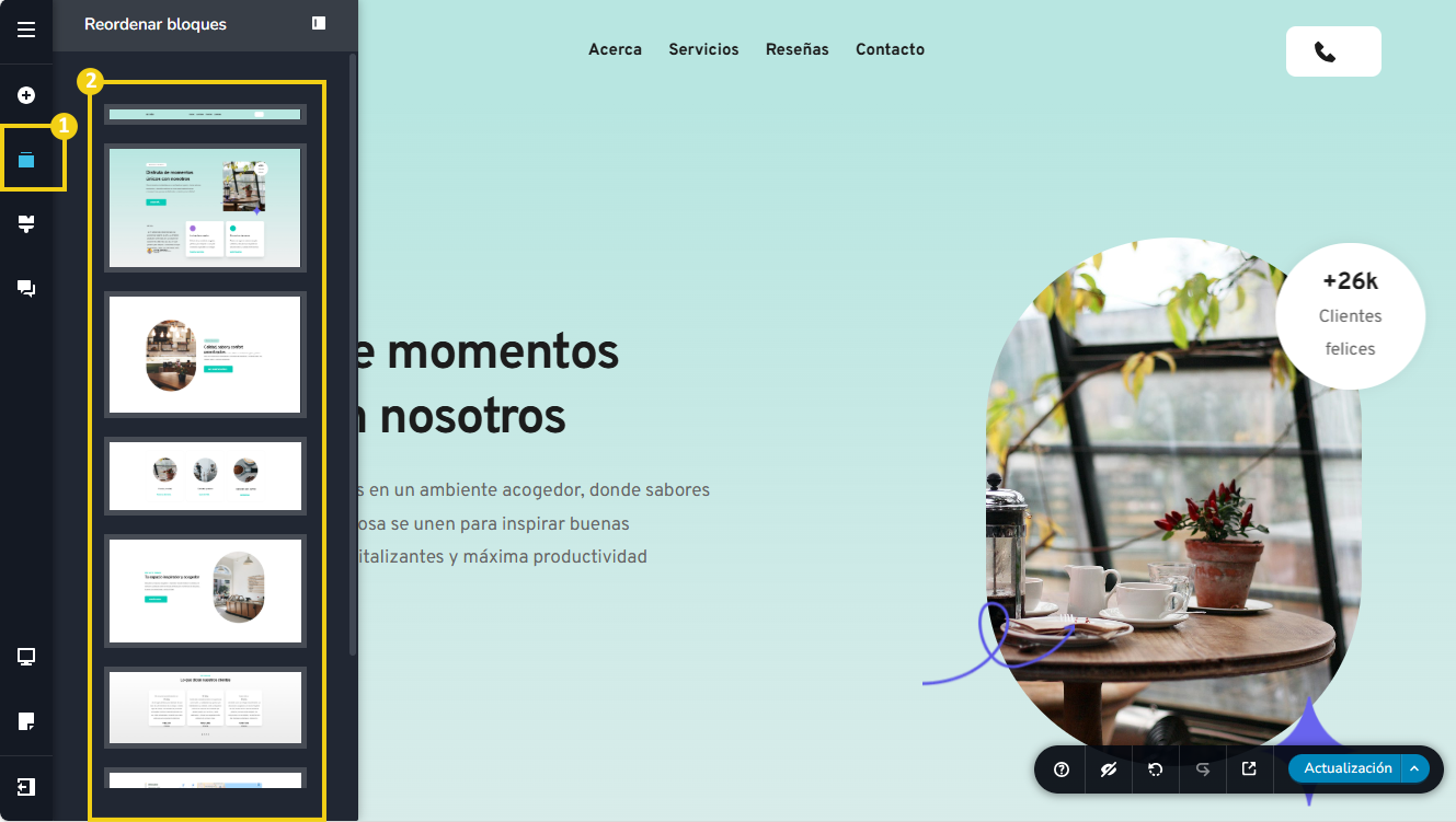 Imagen muestra la pantalla del editor del Creador de sitios con IA, con la marcación en el menú lateral, para acceder al recurso para reordenar los bloques