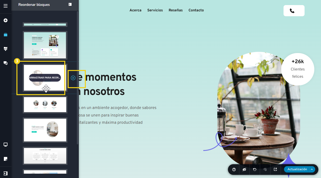 Imagen muestra la pantalla del editor del Creador de sitios con IA, con la marcación mostrando el arrastre para reordenar y la opción para eliminar