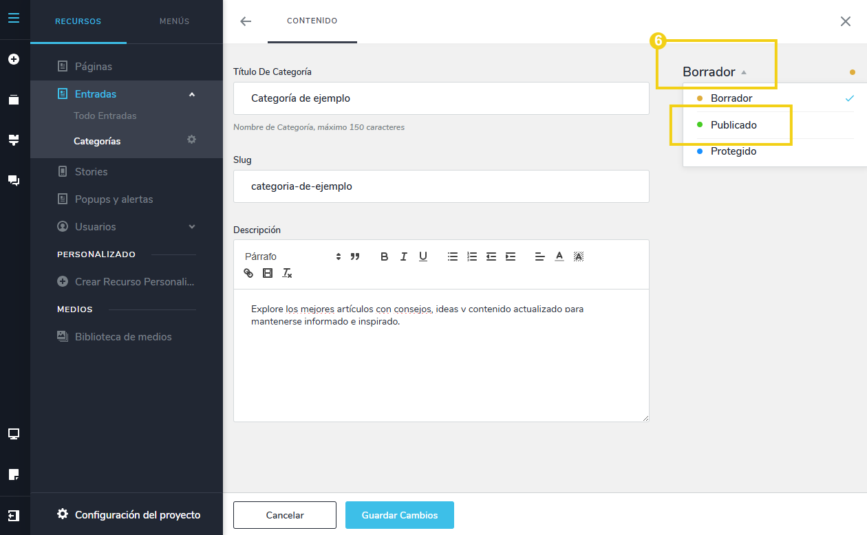 La imagen muestra la pantalla del editor del Creador de Sitios con IA, para cambiar el estado de borrador a publicado.