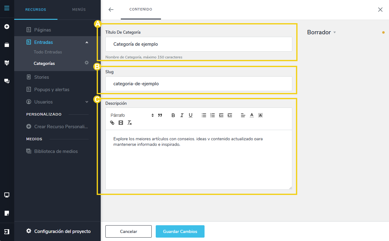 La imagen muestra la pantalla del editor del Creador de Sitios con IA, para completar la información sobre la categoría, como el título y la descripción.