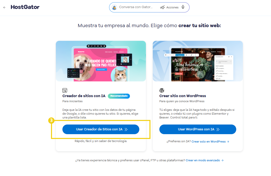 Pantalla del creador de sitios web impulsada por IA de HostGator, que muestra opciones para crear sitios web con WordPress y modo avanzado.