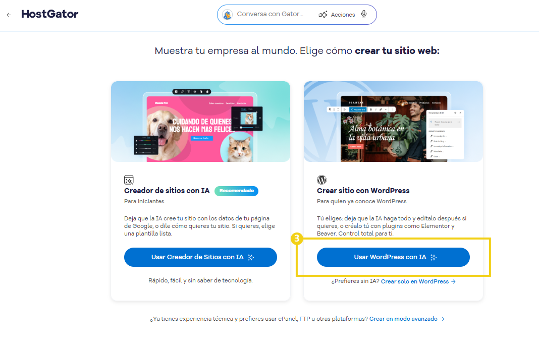 Pantalla mostrando las opciones de plataformas para crear un sitio,destacando wordpress con IA, y el boton crear sitio wordpress