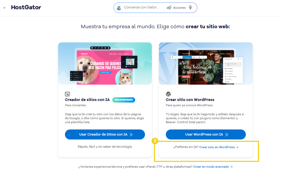 La imagen muestra las opciones para elegir dónde quiere crear el sitio.