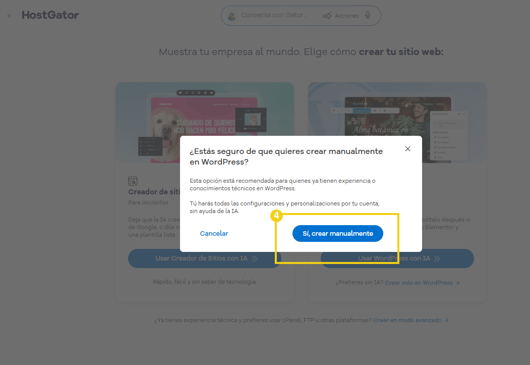 La imagen muestra la pantalla de confirmación para crear el sitio manualmente en WordPress