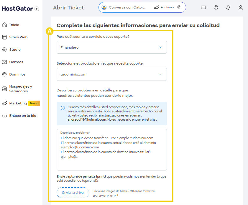 Pantalla de soporte de HostGator mostrando un formulario para llenar información de contacto y detalles del problema para crear un ticket de soporte en la categoría Financiera.